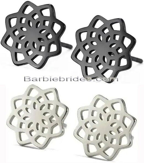 2 Pairs Titanium Steel Black Silver Lotus Mandala Flower Men Women Stud Earrings